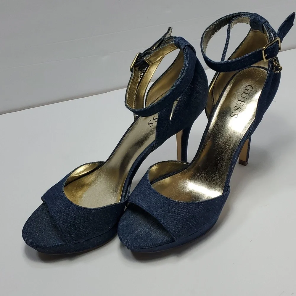 Guess Peep Toe Stilettos with Ankle Strap in Navy Size 9M_14